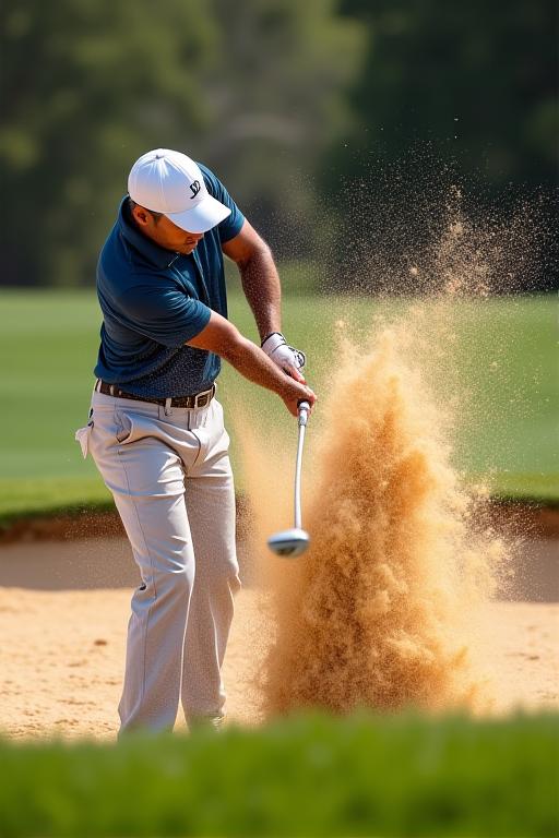 A golfer hitting a ball out of a sand bunker, with sand flying.