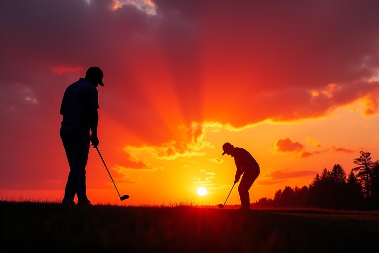 Silhouette of a golfer against a dramatic Quebec sunset.