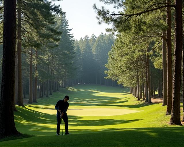 A golfer lining up a putt on the Sutton Forest Highlands course, surrounded by tall pine trees.