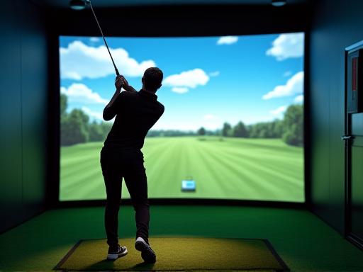 A golfer using an advanced indoor swing simulator for training.